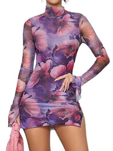 Fastkoala Women’s Floral Tie Dye Sheer Mesh Mini Dress Mock Neck Split Bodycon Flared Long Sleeve Club Party Dress - Purple - Large