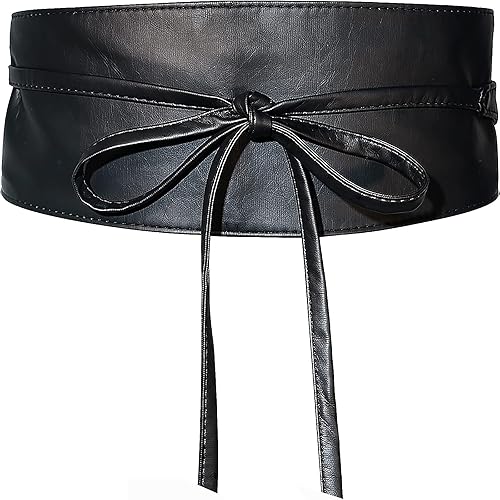 Glamorstar Women Leather Obi Belts for Women Wide Retro Waist Belt Wrap Waistband Belt for Dress - Black - Width(7cm/2.7in)