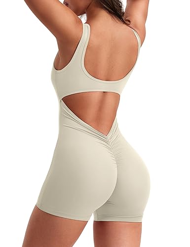 YEOREO One Piece Workout Jumpsuits for Women Backless Tummy Control Sleeveless Jumpsuits Lizvette V Back Scrunch Yoga Romper - Beige - Large