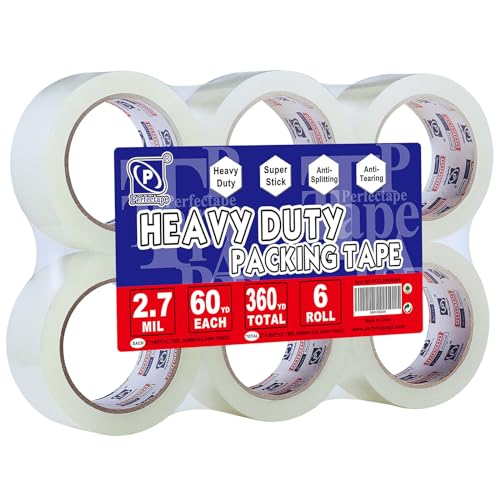 P PERFECTAPE Heavy Duty Packing Tape 6 Rolls, Total 360Y, Clear, 2.7 mil, 1.88 inch x 60 Yards, Ultra Strong, Refill for Packaging and Shipping - 6-PACK