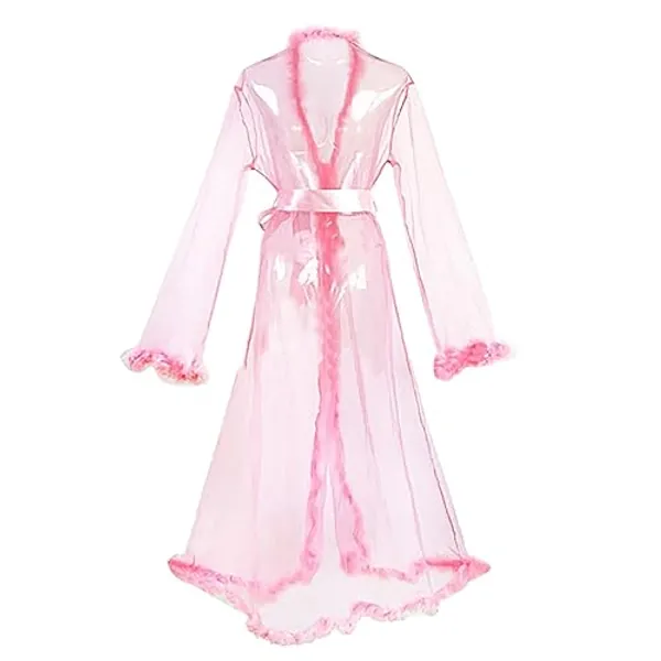 Women's Sexy Perspective Long Robe, Open Front Tie Up Lace Mesh Erotic Lingerie Fashion Plush Trim Naughty Nightgown - Pink - One Size