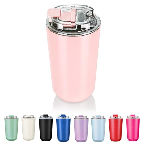 Puraville Insulated Tumblers with Lid, 14 oz Travel Coffee Mug Stainless Steel Vacuum Thermos Cup,10/14 oz Leak Proof Reusable Double Walled Coffee Tumbler for Iced and Hot Drinks,Pink - Pink - 14 Ounces