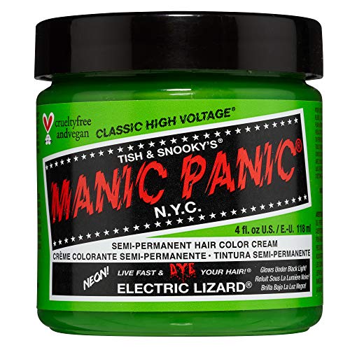 MANIC PANIC Electric Lizard Green Hair Dye – Classic High Voltage - Semi Permanent Bright Neon Green Hair Dye With Lime Green Hues – Glows in Blacklight - Vegan, PPD And Ammonia Free (4oz) - Green - 4 Fl Oz (Pack of 1)