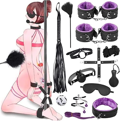 Qoosea 13 Piezas SM Bondage Kit Sex Toys, Juguetes Sexuales Perfecto para Parejas, Set de Esclavitud BDSM Restraints Kits con Esposas Máscara para Principiantes y Experimentados (Morado Negro) - 13p Morado Negro