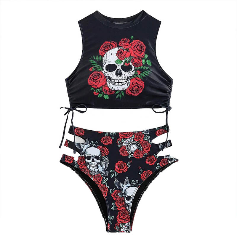 Gothic Rose Floral Skull Bikini Set - Black / L