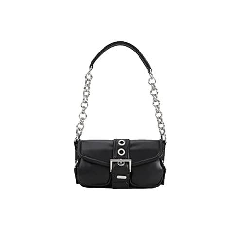 UniCloud Women's Chain Small Shoulder Bag Retro Solid Color PU Biker Handbag Goth Fashion Purse Buckle Flap Bag (Black)