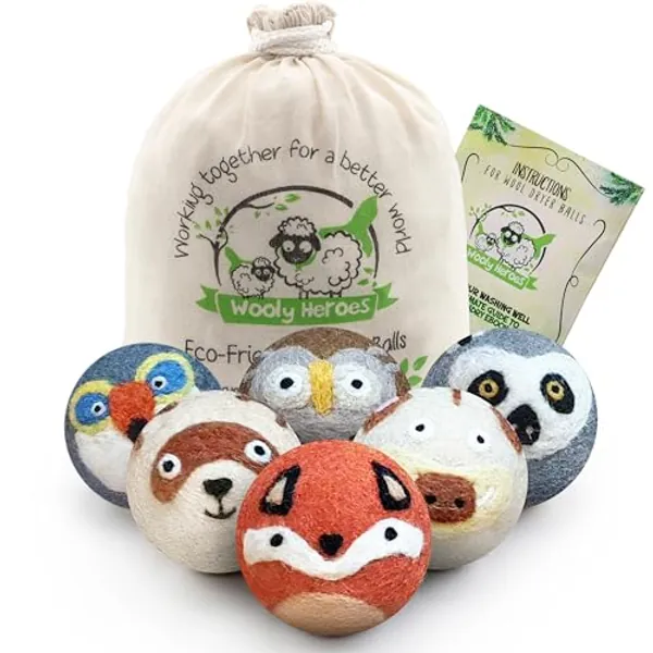 Wooly Heroes Wool Dryer Balls - Organic Eco Friendly - 6-Pack XL ~ Reusable Fabric Softener ~ with Free Natural Laundry eBook (Fox & Friends)