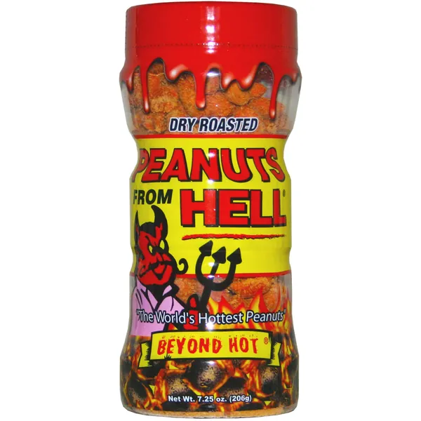 Habanero Spicy Peanuts From Hell - 7.25 oz Jar - Perfect Premium Gourmet Spicy Hot Peanuts Snack Pack - Dry Roasted Peanuts with Spices and Habanero Peppers - Try if you Dare! - 