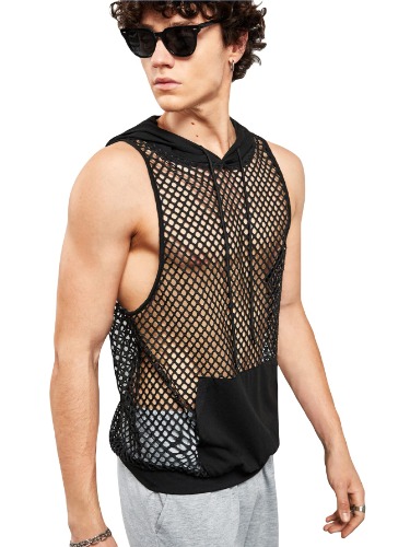GORGLITTER Men's Fishnet Mesh Drawstring Hooded Tank Top Sleeveless See Through Vest Muscle Shirt with Pocket