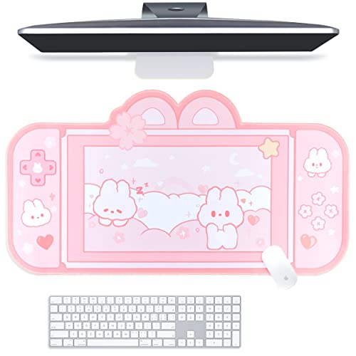 BelugaDesign Bunny Desk Pad | NS Switch Keyboard Gaming Mat Large Mat Mousepad | Pastel Pink Animal Kawaii Cute Anime Desk Blotter Protector (Pink Rabbit, Large) - Pink Rabbit