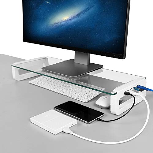 Monitor Stand Riser, 4-Port USB 3.0 Hub Tempered Glass Monitor Stand Quick Charge 5Gbps High-speed Data Transfer Desk Organizer Laptop Stand Keyboard Tray with USB Cable for PC Laptop MacBook (White) - White