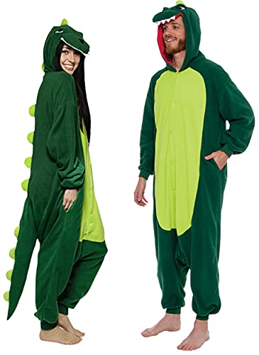 Funziez! Dinosaur Adult Onesie - T-Rex Halloween Costume - Plush Dino One Piece Cosplay Suit for Adults, Women and Men - Green - X-Large