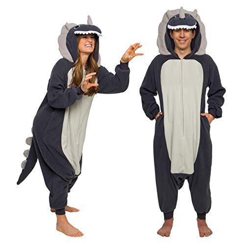 Funziez! Triceratops Adult Onesie - Dinosaur Halloween Costume - Plush T-Rex One Piece Cosplay Suit for Adults, Women and Men - Large - Triceratops Grey