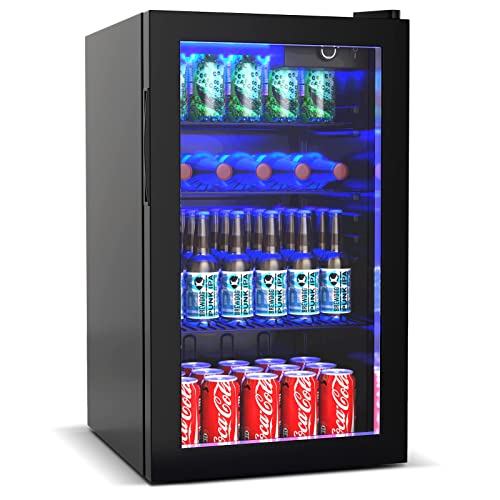 COSTWAY 120 Can Mini Beverage Fridge, Freestanding Beverage Refrigerator Cooler with Glass door, Removable Shelf for Soda Beer Wine, Small Drink Fridge for Home Bar Living Room Bedroom, 3.2 cu.ft - 3.2 cu ft