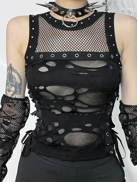 Black Gothic Mesh Vest Lace Up Top
