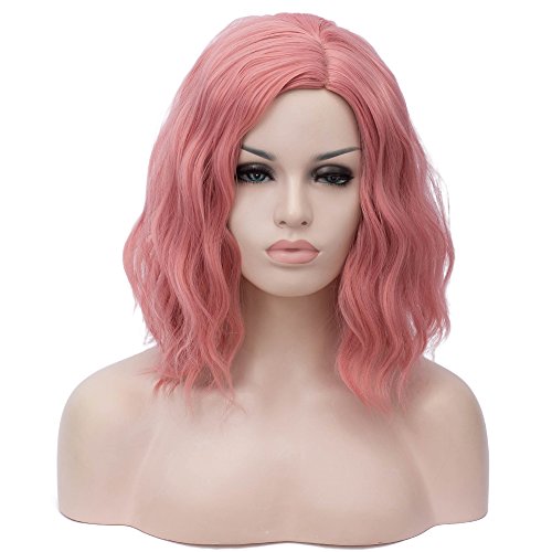 BERON 14" Women Girls Short Curly Bob Wavy Wig Body Wave Halloween Cosplay Daily Party Wigs (Lovely Pink) - Lovely Pink