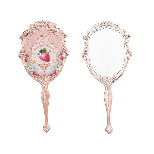 Flower Knows Strawberry Rococo Handheld Mirror,Portable Vintage Mirror,Durable Metal Mirror,Cute & Aesthetic Princess Mirror,with Long Handle for Easy Holding,Gift for Girls(Soft Pink) - Soft Pink - 8.7"L x 4.1"W