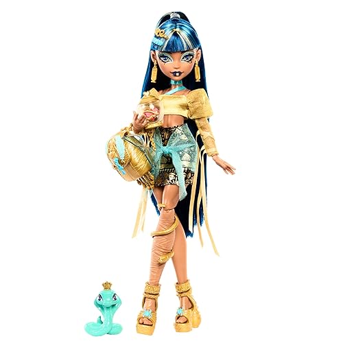 Monster High Cleo De Nile Doll in Golden Blouse & Layered Skirt, Includes Pet Cobra Hissette & Accessories Like a Backpack, Snack & Scroll - Multicolor