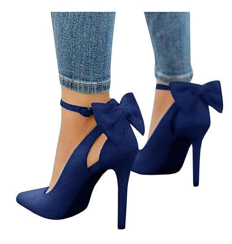 PiePieBuy Women's Pointed Toe High Heels Ankle Strap D'Orsay Pumps Shoes Bow Wedding Bowtie Back Dress Sandals - 9 - Navy