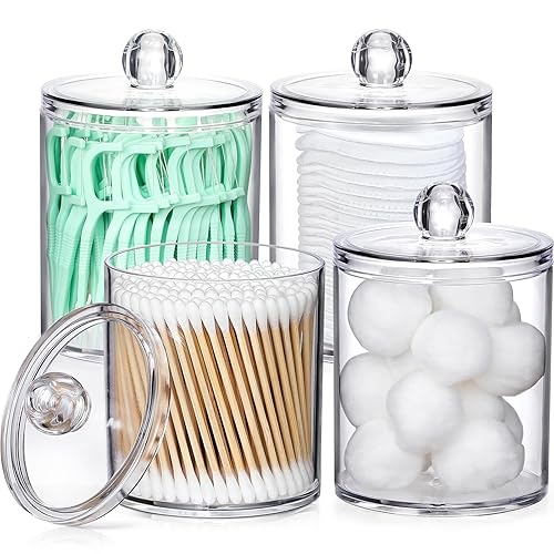 4 Pack Acrylic Qtip Holder Dispenser for Cotton Swabs, Balls, Pads, Floss Picks- Small Clear Plastic Canister Apothecary Jar Set, Bathroom Essentials Accessories Decor, Vanity Makeup Storage Organizer - 4