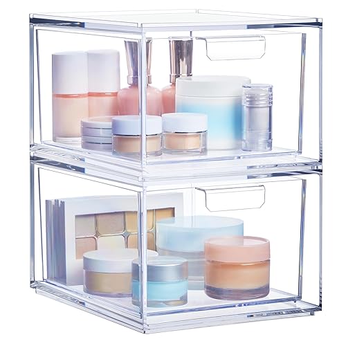 STORi Audrey Stackable Clear Bin Plastic Organizer Drawers | 2 Piece Set | Organize Cosmetics and Beauty Supplies on a Vanity | Made in USA - 4.5" Tall