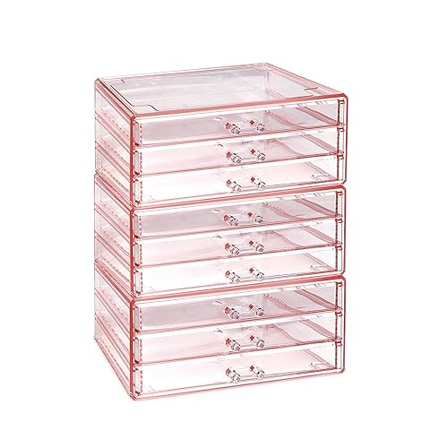 Ikee Design 3-Piece Set Pink Acrylic Drawer Storage Organizer, Ideal for Jewelry, Makeup, Home, and Office Storage,9.38 W x 5.38 D x 12.75 H in - 2a) Pink, 9 Drawers