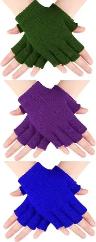 3 Pairs Half Finger Gloves Winter Fingerless Gloves Knit Gloves for Men Women - Purple, Blue, Army Green