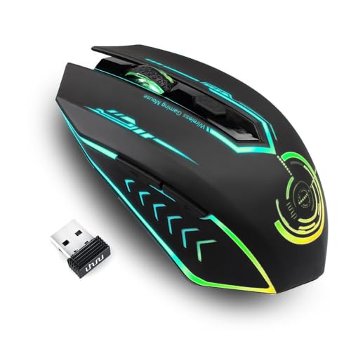 UHURU Wireless Gaming Mouse Up to 10000 DPI, Rechargeable USB Wireless Mouse with 6 Buttons 7 Changeable LED Color Ergonomic Programmable MMO RPG for PC Laptop, Compatible with Windows Mac - black