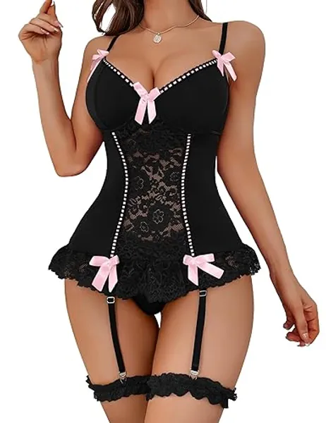 Genhoo Women's Lingerie Lace Corset Lingerie Set Mesh Mini Babydoll with Garter Belt - Black - Small