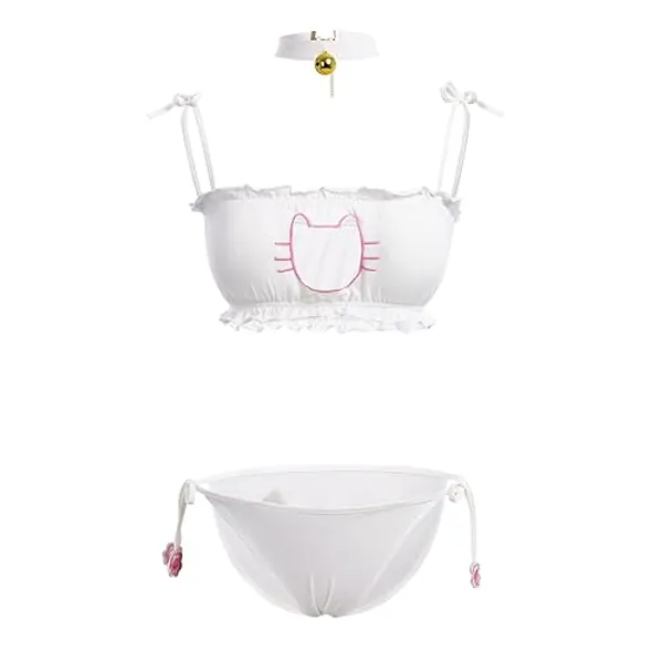 Womens Cute Kawaii Anime Cat Kitten Lingerie Set Micro Bikini Strappy Tiny Bra Mini Panty Extreme Swimsuit - One Size - White-02