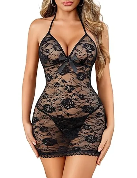 Avidlove Lingerie for Women Sexy Lace Babydoll Dress Halter Nightgown V Neck Sleepwear - Small - Black