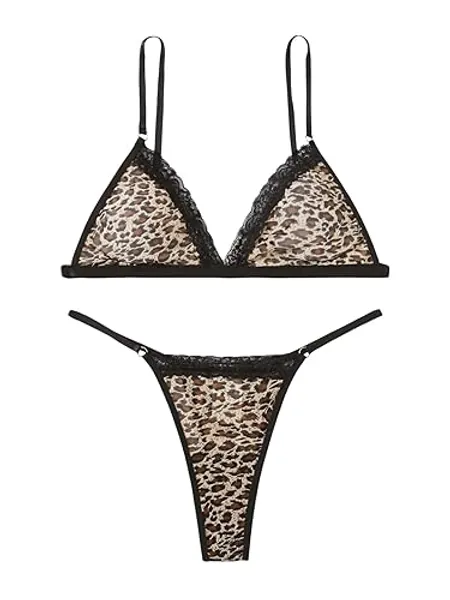 WDIRARA Women's Leopard Print Lace Trim Underwire Lingerie Set V Neck Bra and Thongs - Small - Multicolor