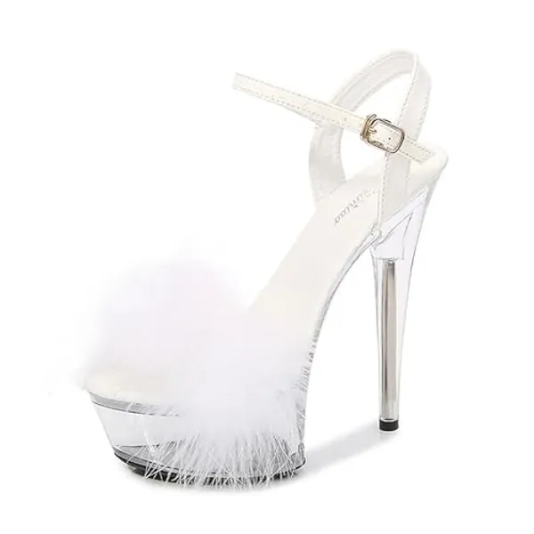 Ankle Strap Clear Platform Furry Sandals Heels Stiletto - 7.5 - White