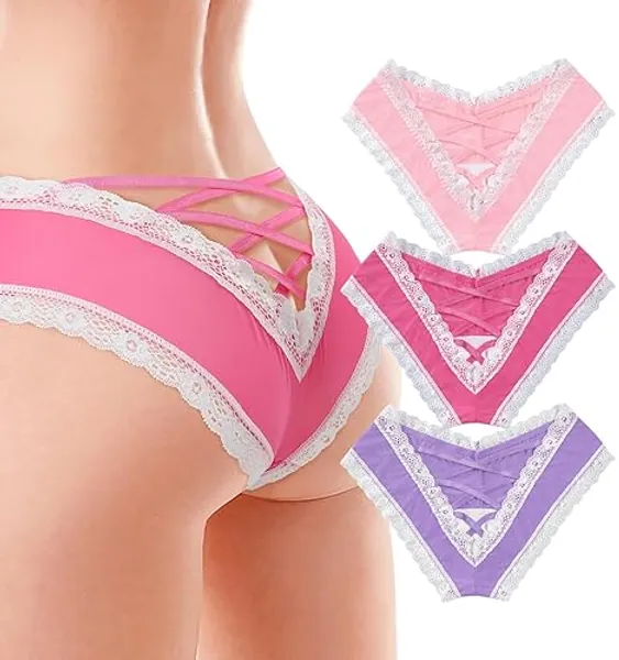 Littleforbig Lace Seamless Hipster Sexy V-Back Strappy Criss Cross Sissy Tease 3-Pack Panties Set - Small - Multicolor