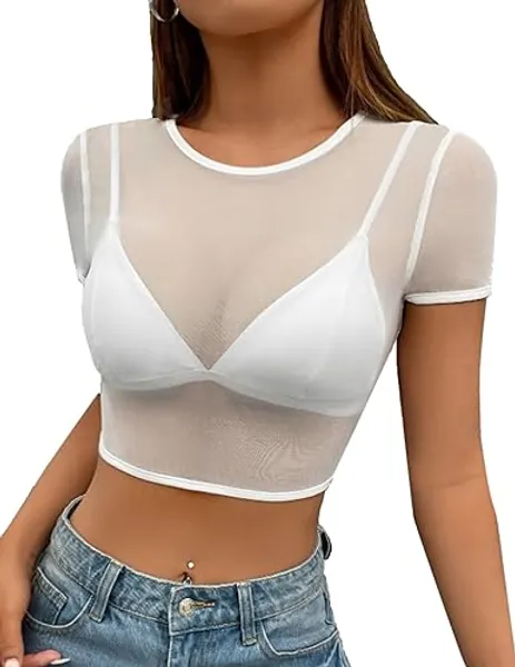 Avidlove Mesh Crop Top for Women Short Sleeve Bodycon Tees Y2k See Through Blouse O Neck Clubwear - B-white - Medium