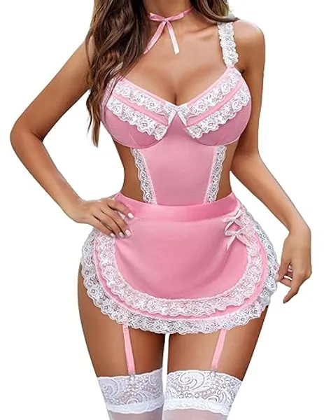 Avidlove Womens Lingerie Sets Lace V Neck Teddy Babydoll 3 Pack Lingerie Costumes Sleepwear Dress S-XXL - Small - Pink