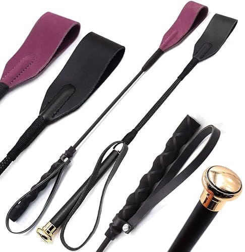 Piece Set 18" Gold and Purple Riding Horse Crop | Genuine Leather Jump Bat Top | Black Faux Handle