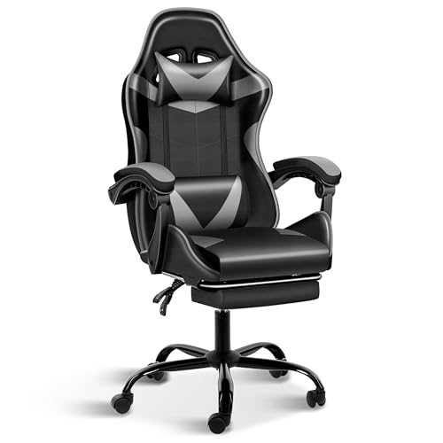 YSSOA Gaming Chair, Computer Chair with Footrest, Height Adjustable & 90°-135° Tilt Function, Swivel Recliner Ergonomic Racing Style Video Game Chair with Lumbar Support (Black/Grey) - Black/Grey