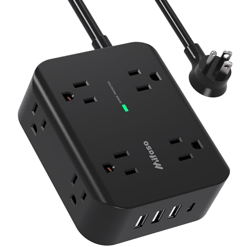 Extension Cord 10 FT, Flat Plug Power Strip Surge Protector with 8 Wide Outlets 4 USB Ports, 3-Side Outlet Extender, Mounted, Overload Protection, for Indoor Home Office, Dorm Room Essentials - 10 FT - Black