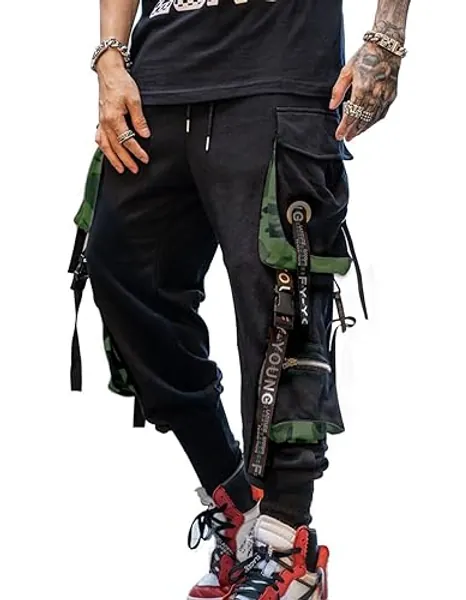 Hello MrLin Men's Jogger Pants Punk Cargo Baggy Techwear Hip Hop Harem Pants Streetwear Tactical Track Pants - Large - Black&army Green