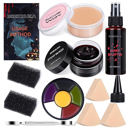 BOBISUKA Demonic Special Effects SFX Halloween Makeup Kit - 5 Colors Bruise Makeup Face Body Painting Palette + Scar Wax with Spatula Tool + Fake Blood Splatter Spray + Fake Blood Cream +Stipple Spong - 02