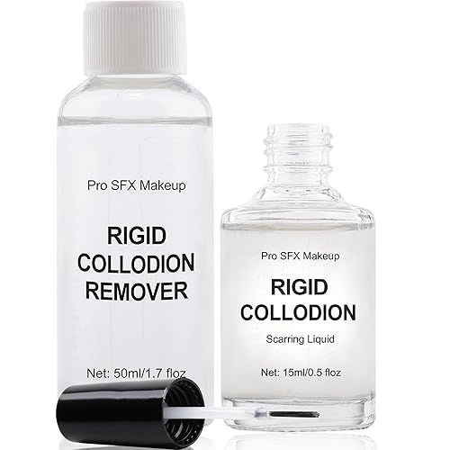 CCbeauty Halloween Rigid Collodion and Remover Combo Kit(0.5 fl oz + 1.7 fl oz), Scarring Liquid with Brush, Liquid Scar Makeup, Special Effects FX Scar Makeup for Stage Cosplay Costume Film Theatre