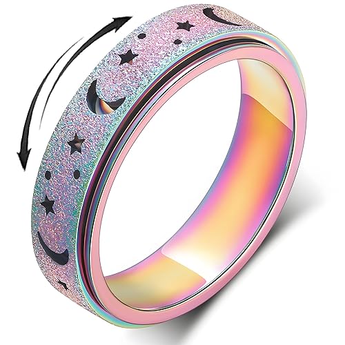 LuckyAmor Anxiety Ring for Women Spinner Rings:Rotating Rings Stainless Steel 6mm Moon Star Anxiety for Men Band Jewelry Gift for Women Size 6 7 8 9 10 - B-Rainbow - 8