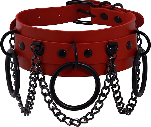 Sacina Goth Punk Black Chain Choker Necklace, Red Choker, PU Leather Choker Collar, Goth Choker, Costume Jewerly - Red