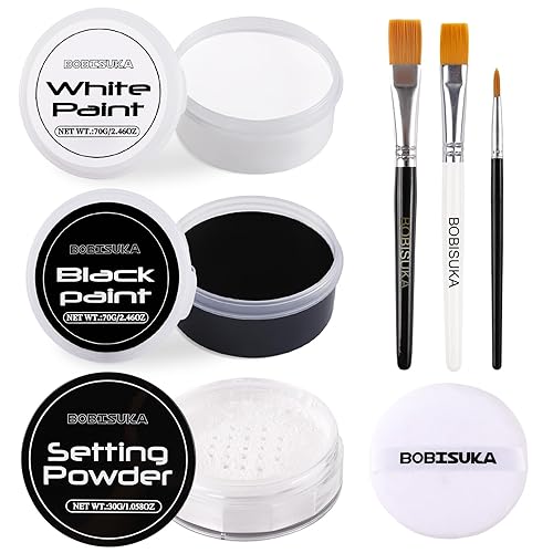 BOBISUKA Black & White Face Body Paint + Setting Powder + 3PCS Artist Brushes Face Painting Kit for Adult Large Capacity Professional Oil Based Cream Paints Palette For Halloween Clown Skeleton Vampir - SET 02
