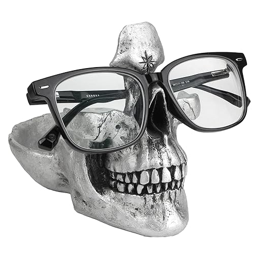 Mrlikale Skull Glasses Stand Holder, Creative Eyeglasses Holder, Sunglasses Spectacle Display Rack, Key Holder Resin Sculptures for Entryway, Home, Office, Desk, Nightstand (Silver) - Silver