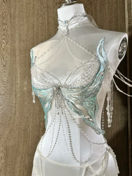 Teal Ice Crystals Resin Mermaid Corset Bra Top Cosplay Costume Patent-Protected