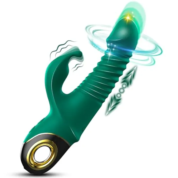 Thrusting Dildo G-spot Rabbit Vibrator - Silicone Realistic Dildo Massager Clitoral Vaginal Stimulator with 9 Vibrating & 5 Telescopic Rotating Modes, Waterproof Adult Sex Toys for Women -Green