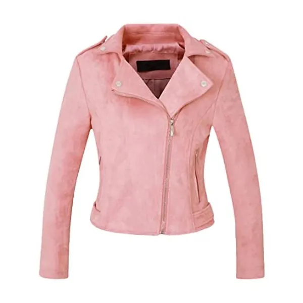 
                            CHARTOU Women's Stylish Notched Collar Oblique Zip Suede Leather Moto Jacket
                        