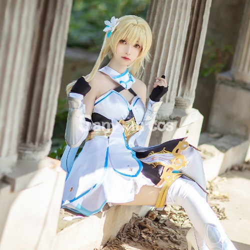 Game Genshin Impact Traveler Lumine Lolita Style Classical White Dress Cosplay Costume - M
